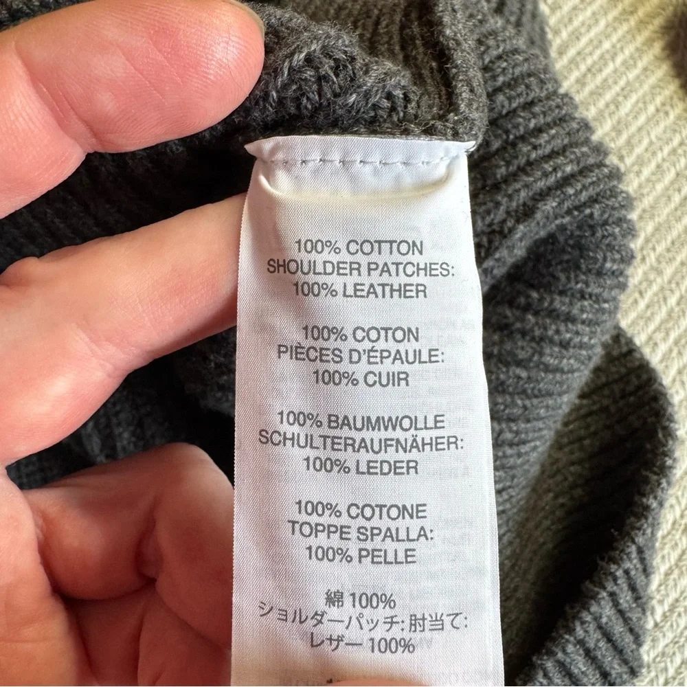 Men's J Crew Cotton Crewneck Sweater Genuine Leather‎ Patches Gray Size L
